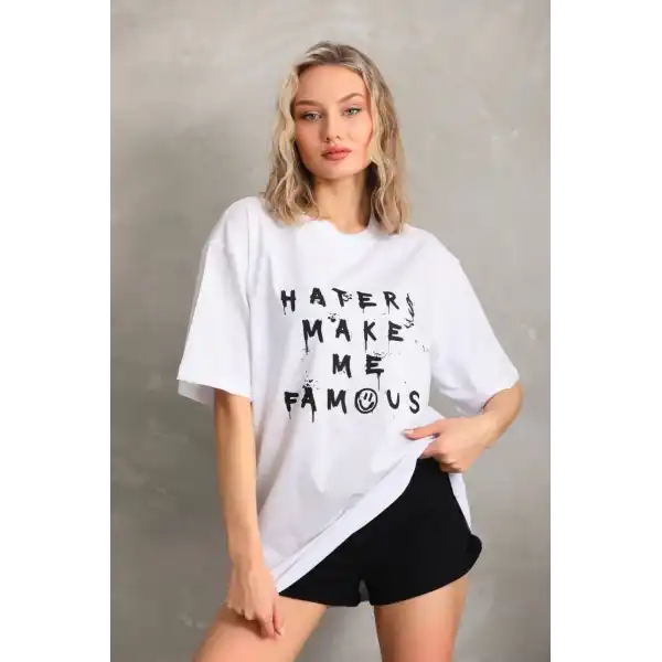 Kadın ön ve arka Baskılı Oversize Kısa kol  T-Shirt - Beyaz