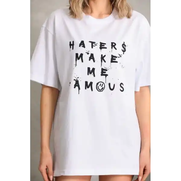 Kadın ön ve arka Baskılı Oversize Kısa kol  T-Shirt - Beyaz
