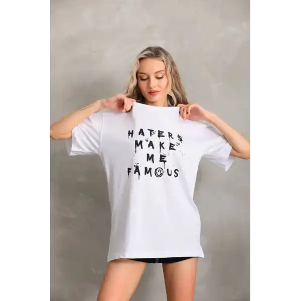 Kadın ön ve arka Baskılı Oversize Kısa kol  T-Shirt - Beyaz