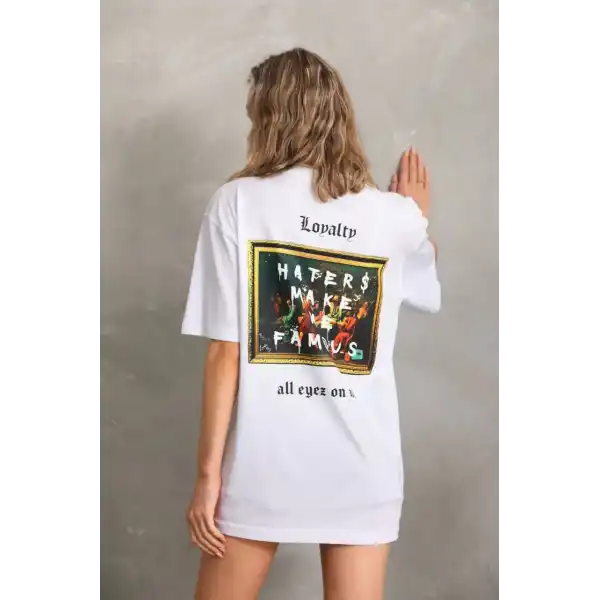 Kadın ön ve arka Baskılı Oversize Kısa kol  T-Shirt - Beyaz