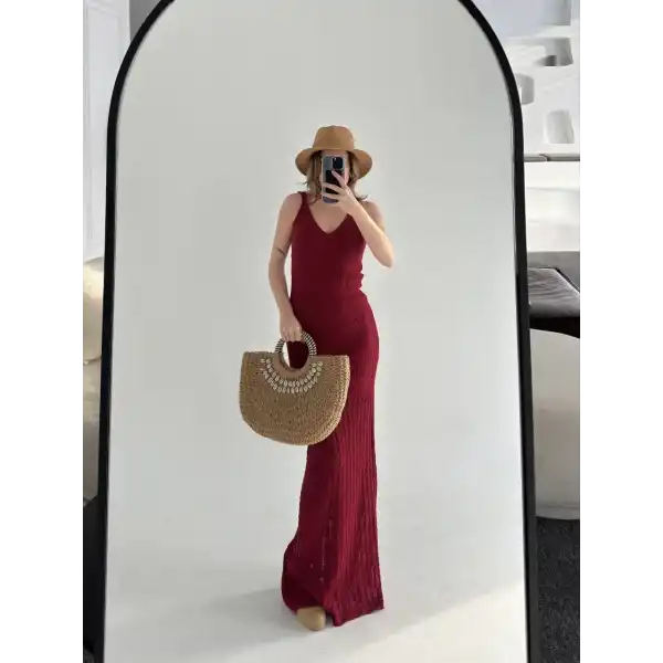 Kadın Örgülü Uzun Triko Elbise - Bordo