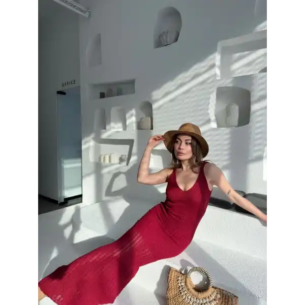 Kadın Örgülü Uzun Triko Elbise - Bordo