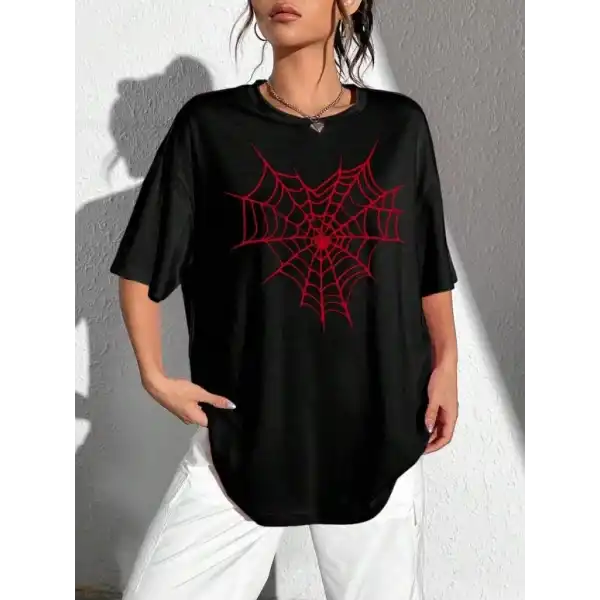 Kadın Örümcek Ağ Baskılı T-Shirt Kısa Kol Bisiklet Yaka Oversize Tişört - Siyah