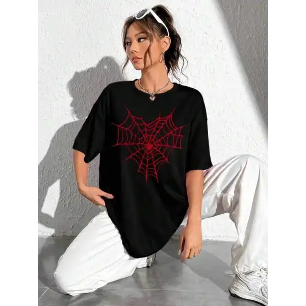Kadın Örümcek Ağ Baskılı T-Shirt Kısa Kol Bisiklet Yaka Oversize Tişört - Siyah