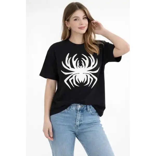 Kadın Örümcek Baskılı Tişört Kısa Kollu Bisiklet Yaka T-Shirt - Siyah