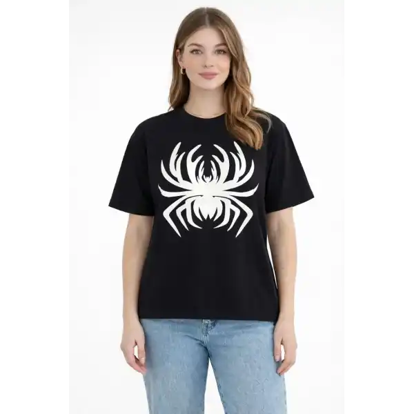 Kadın Örümcek Baskılı Tişört Kısa Kollu Bisiklet Yaka T-Shirt - Siyah