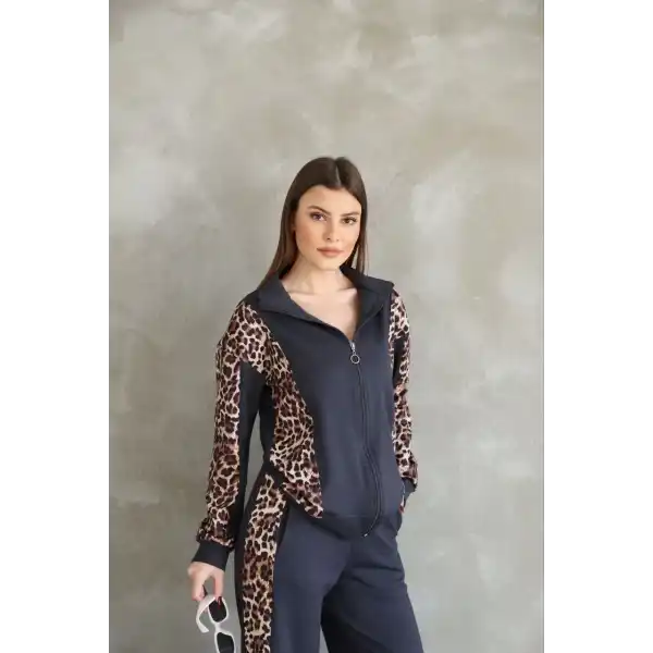 Kadın Osy Modal Yumuşak Dokulu Kapüşonlu Leopar Desenli Fermuarlı Takım - Antrasit