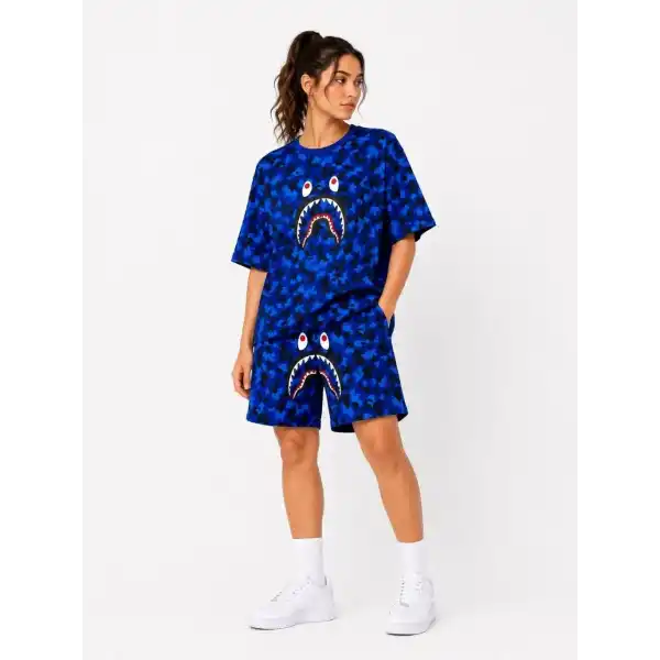 Kadın Oversize Kalıp Pubg Bape X Shark Nakışlı Cepli Şort Takım - Mavi