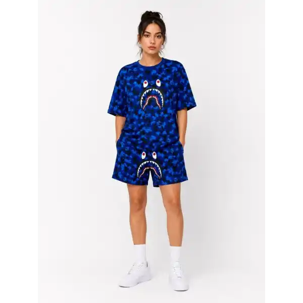 Kadın Oversize Kalıp Pubg Bape X Shark Nakışlı Cepli Şort Takım - Mavi