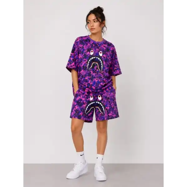Kadın Oversize Kalıp Pubg Bape X Shark Nakışlı Cepli Şort Takım - Mor
