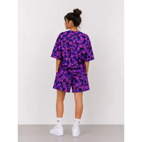 Kadın Oversize Kalıp Pubg Bape X Shark Nakışlı Cepli Şort Takım - Mor