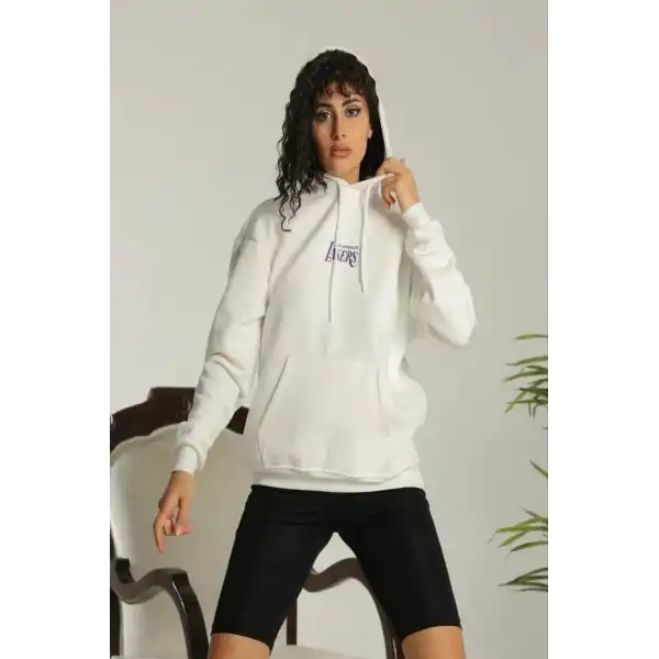 Kadın Oversize Kapüşonlu Cepli Baskılı 3 İplik Pamuklu Hoodie Sweatshirt - Beyaz