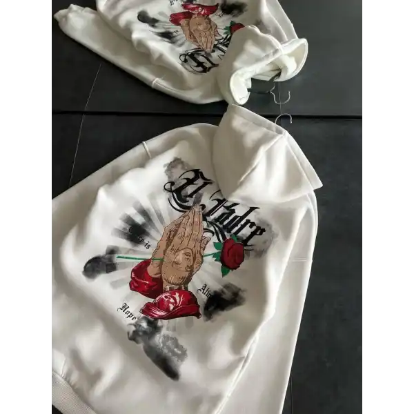 Kadın Oversize Kapüşonlu Cepli Baskılı 3 İplik Pamuklu Hoodie Sweatshirt - Beyaz