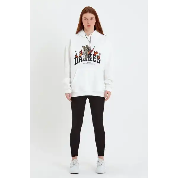 Kadın Oversize Kapüşonlu Cepli Baskılı 3 İplik Pamuklu Hoodie Sweatshirt - Beyaz