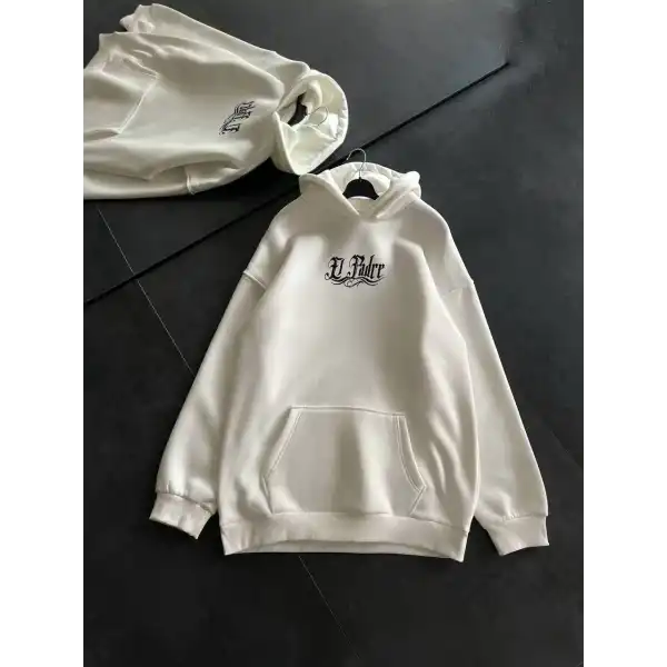 Kadın Oversize Kapüşonlu Cepli Baskılı 3 İplik Pamuklu Hoodie Sweatshirt - Beyaz