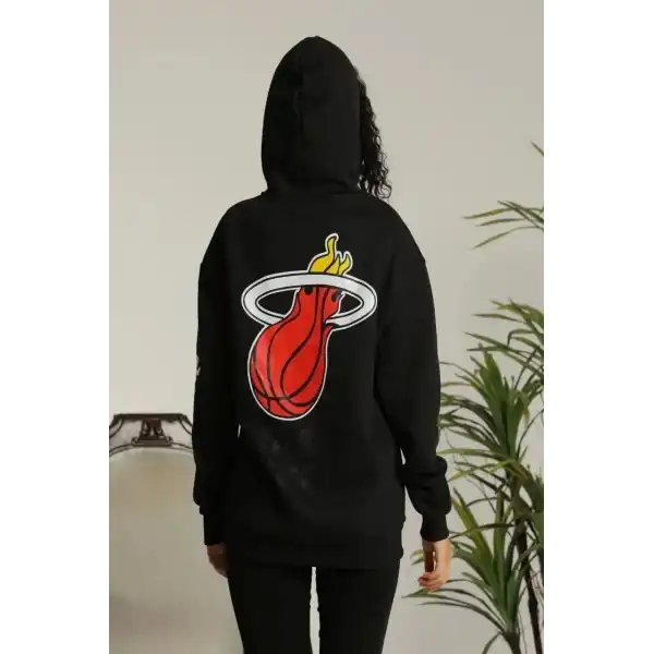 Kadın Oversize Kapüşonlu Cepli Baskılı 3 İplik Pamuklu Hoodie Sweatshirt - Siyah