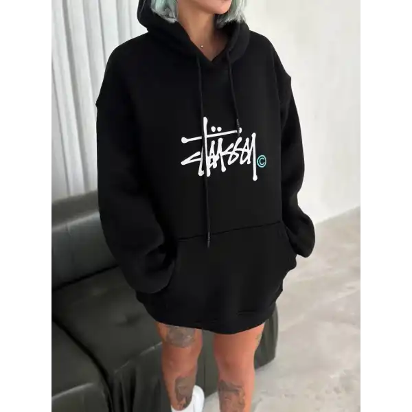 Kadın Oversize Kapüşonlu Cepli Baskılı 3 İplik Pamuklu Hoodie Sweatshirt - Siyah