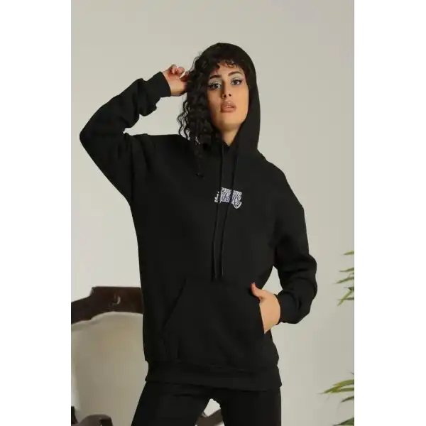 Kadın Oversize Kapüşonlu Cepli Baskılı 3 İplik Pamuklu Hoodie Sweatshirt - Siyah