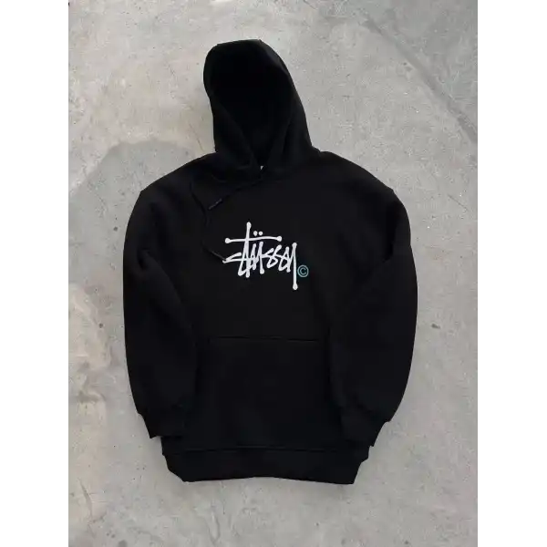 Kadın Oversize Kapüşonlu Cepli Baskılı 3 İplik Pamuklu Hoodie Sweatshirt - Siyah