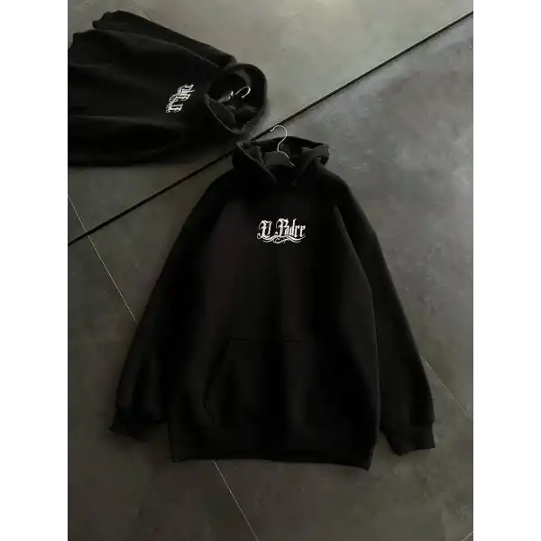 Kadın Oversize Kapüşonlu Cepli Baskılı 3 İplik Pamuklu Hoodie Sweatshirt - Siyah