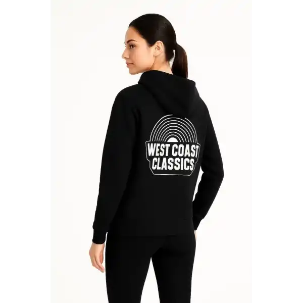 Kadın Oversize Kapüşonlu Cepli Baskılı 3 İplik Pamuklu Hoodie Sweatshirt - Siyah