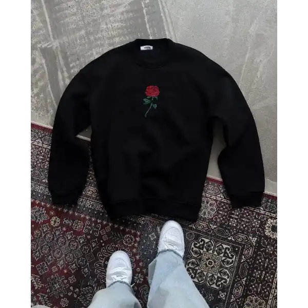Kadın Oversize Kapüşonlu Cepli GÜL Baskılı 3 İplik Pamuklu Hoodie Sweatshirt - Siyah