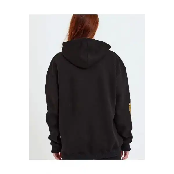 Kadın Oversize Kapüşonlu Cepli Ön Kol Baskılı 3 İplik Pamuklu Hoodie Sweatshirt - Siyah