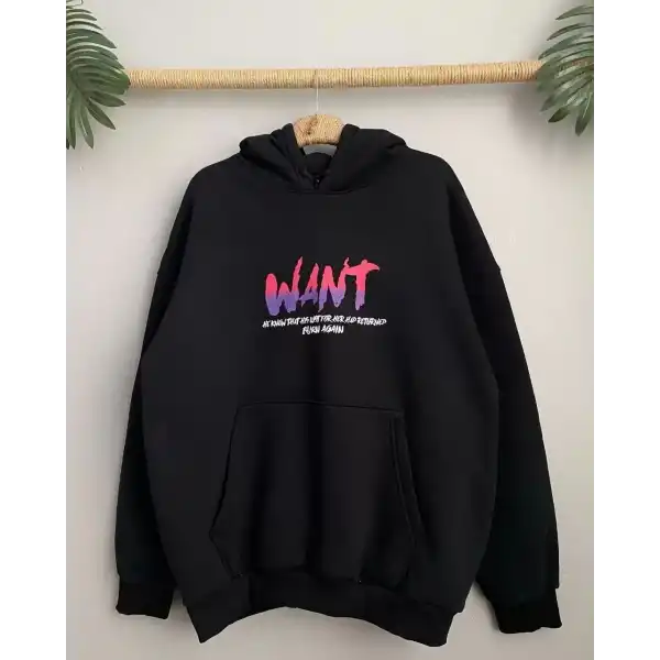 Kadın Oversize Kapüşonlu Cepli WANT Baskılı 3 İplik Pamuklu Hoodie Sweatshirt - Siyah