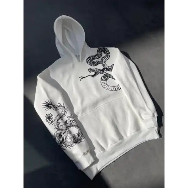 Kadın Oversize Kapüşonlu Kanguru Cepli Baskılı 3 İplik Pamuklu Sweatshirt Hoodie -   Beyaz