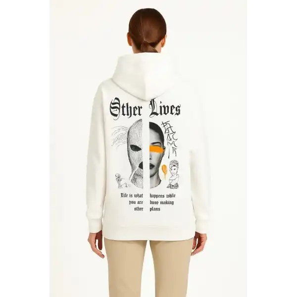 Kadın Oversize Kapüşonlu Kanguru Cepli Baskılı 3 İplik Pamuklu Sweatshirt Hoodie - Beyaz