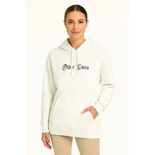 Kadın Oversize Kapüşonlu Kanguru Cepli Baskılı 3 İplik Pamuklu Sweatshirt Hoodie - Beyaz