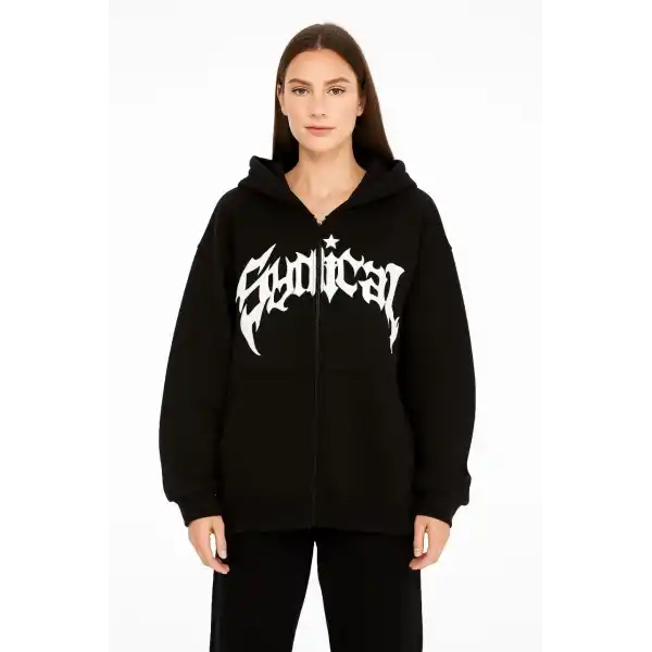 Kadın Kapüşonlu 3 İplik Şardonlu Önü Baskılı Fermuarlı Oversize Sweatshirt - Siyah