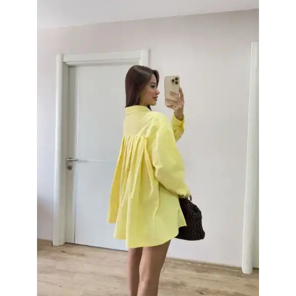 Kadın Oversize Pens Detaylı Cepli Yırtmaçlı Rahat Kalıp Poplin Gömlek - Sarı