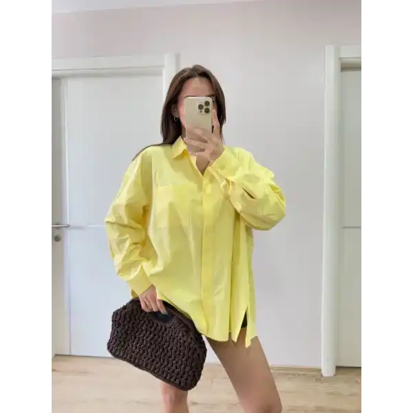 Kadın Oversize Pens Detaylı Cepli Yırtmaçlı Rahat Kalıp Poplin Gömlek - Sarı