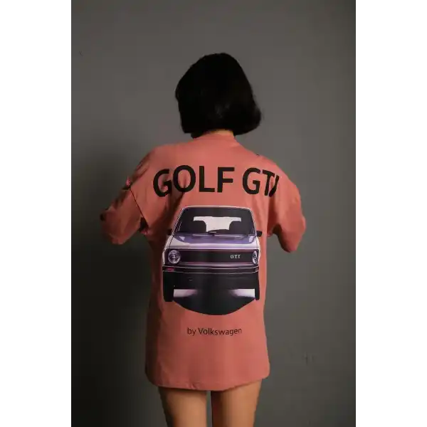 Kadın Oversize Tişört Golf GTI Retro Araba Baskılı T-shirt  - Gül Kurusu