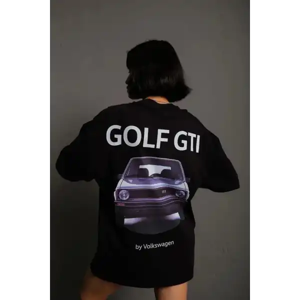 Kadın Oversize Tişört Golf GTI Retro Araba Baskılı T-shirt - Siyah