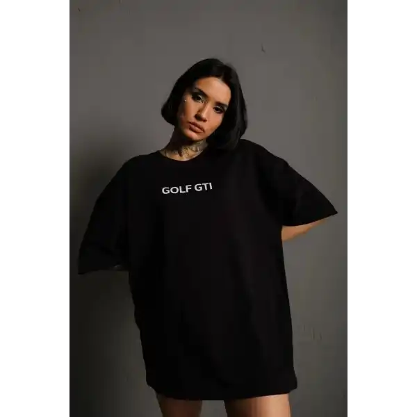 Kadın Oversize Tişört Golf GTI Retro Araba Baskılı T-shirt - Siyah