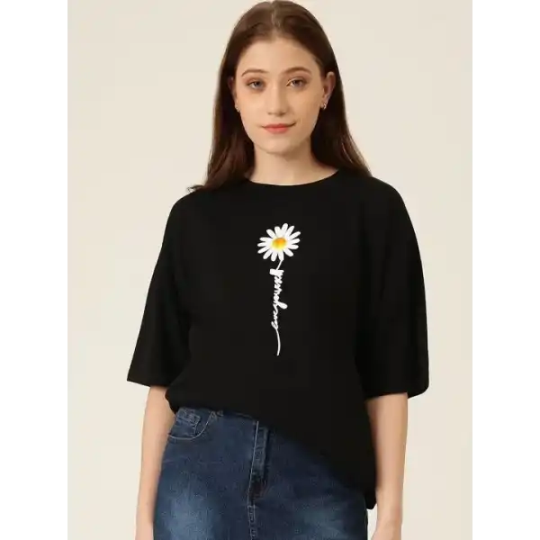 Kadın Papatya Baskılı T-Shirt Kısa Kol Bisiklet Yaka Oversize  Tişört - Siyah