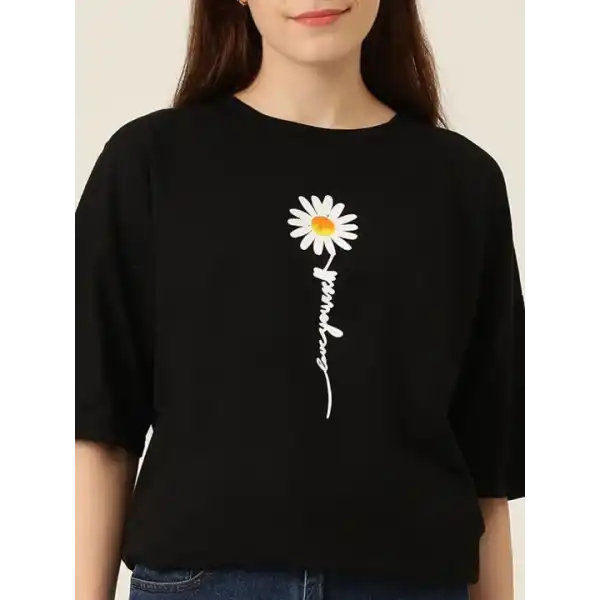 Kadın Papatya Baskılı T-Shirt Kısa Kol Bisiklet Yaka Oversize  Tişört - Siyah