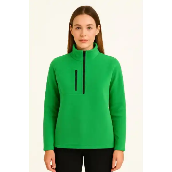 Kadın Polar Kazak – Dik Yaka, Yarım Fermuarlı, Fermuarlı Göğüs Cepli, Siyah Biyeli, Kışlık Rahat Regular Fit Günlük Model - Yeşil