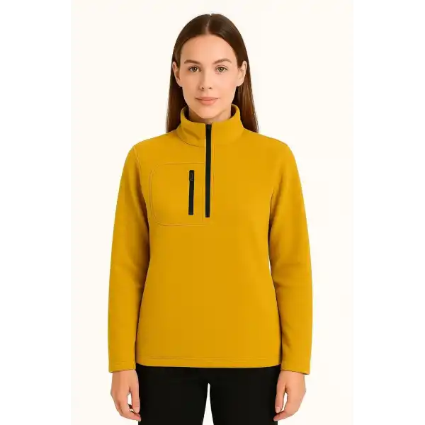 Kadın Polar Kazak – Dik Yaka, Yarım Fermuarlı, Fermuarlı Göğüs Cepli, Siyah Biyeli, Kışlık Rahat Regular Fit Günlük Model - Sarı