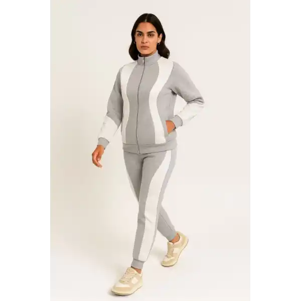 Kadın Premium Parçalı Eşofman Alt-Üst Takım - Dik Yaka Fermuarlı Sweatshirt - Gri