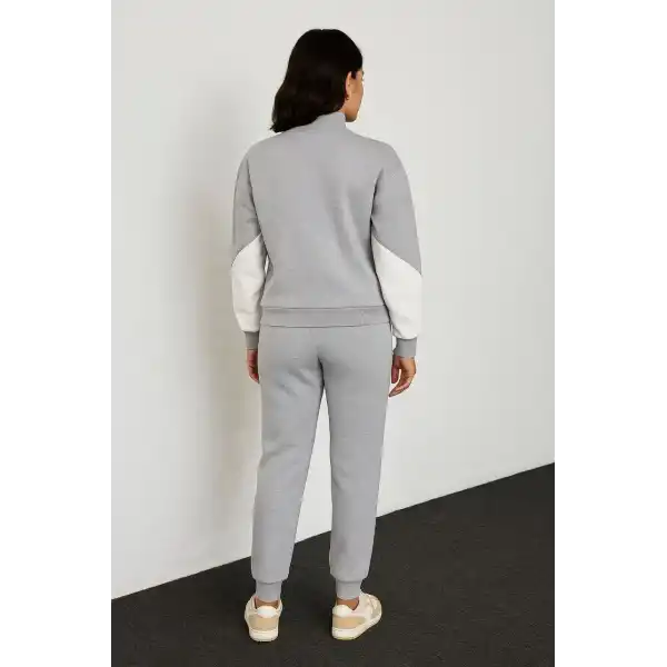 Kadın Premium Parçalı Eşofman Alt-Üst Takım - Dik Yaka Fermuarlı Sweatshirt - Gri