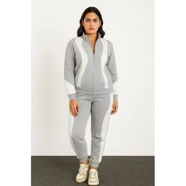Kadın Premium Parçalı Eşofman Alt-Üst Takım - Dik Yaka Fermuarlı Sweatshirt - Gri