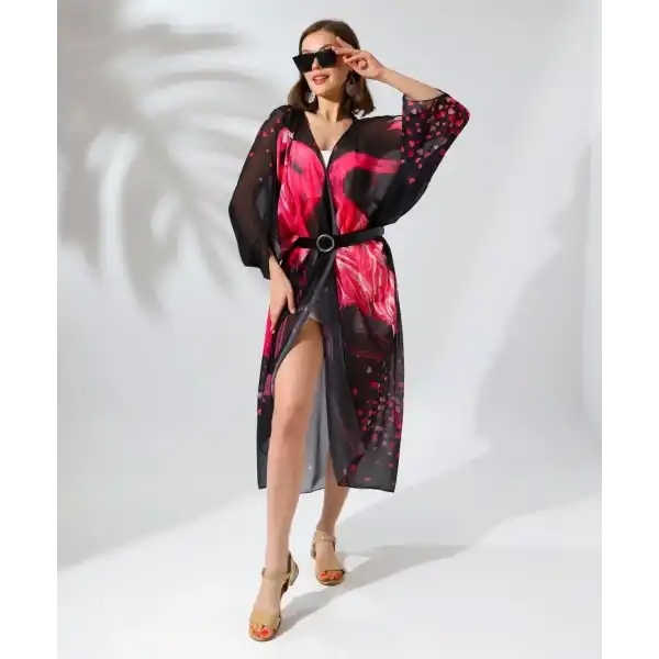 Kadın Rahat Kesim Şifon Kimono - Siyah