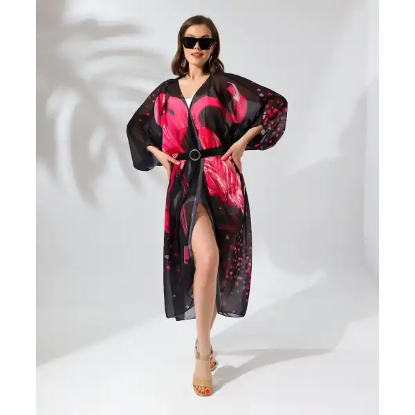 Kadın Rahat Kesim Şifon Kimono - Siyah