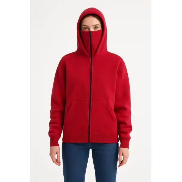 Kadın Samuray Ninja Çift Kapüşonlu Maske Detaylı Fermuarlı Kanguru Cepli Hoodie - Kırmızı