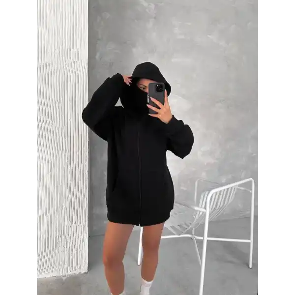 Kadın Samuray Ninja Çift Kapüşonlu Maske Detaylı Fermuarlı Kanguru Cepli Hoodie - Siyah