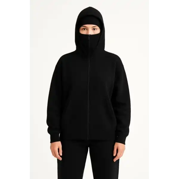 Kadın Samuray Ninja Çift Kapüşonlu Maske Detaylı 3 İplik Hoodie - Siyah