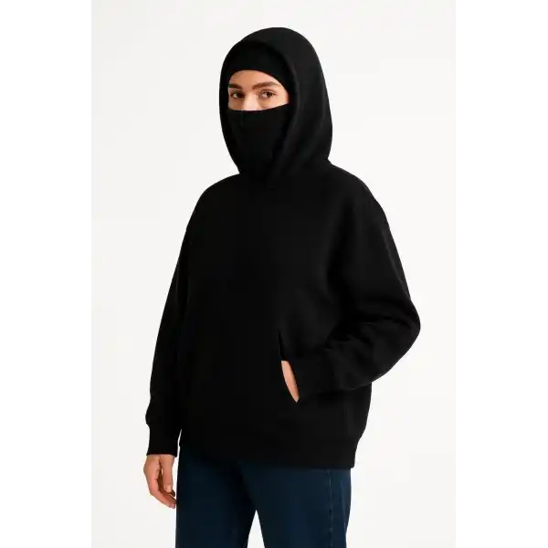 Kadın Samuray Ninja Çift Kapüşonlu Maske Detaylı 3 İplik Hoodie - Siyah